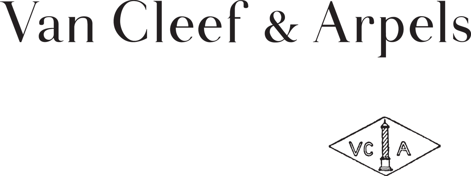 Van Cleef & Arpels logo with the brand name in serif type and a diamond-shaped emblem featuring a vertical column on the right.
