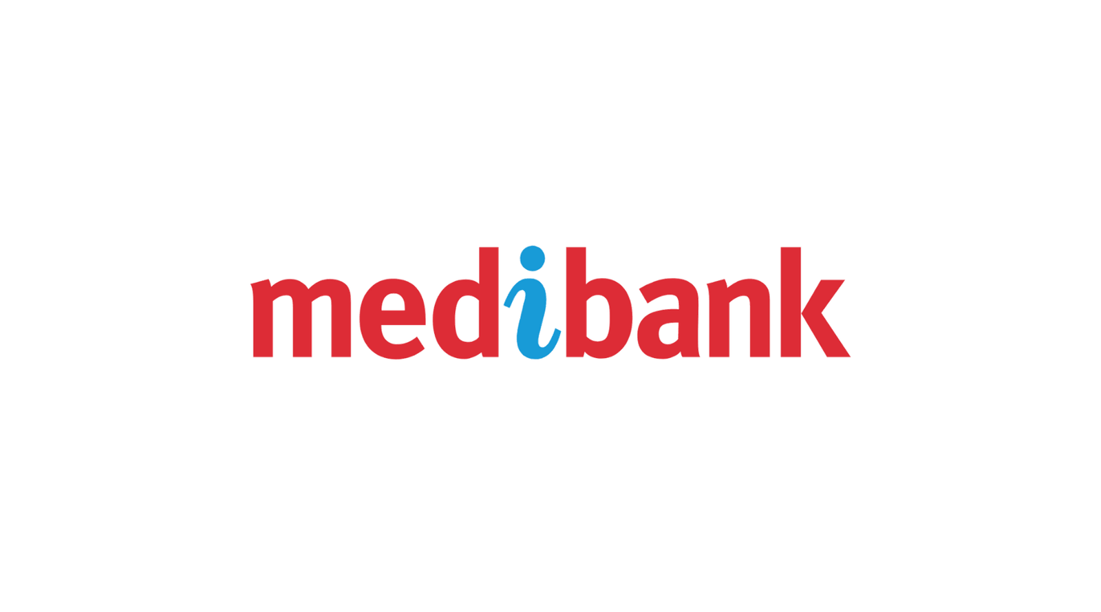 Medibank brand logo: red wordmark with a blue stylized 'i' on black background