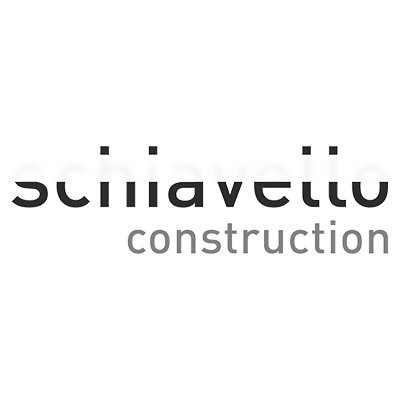 Schiavello Construction logo: 'schiavello' in black with white curved overlays, and 'construction' in gray lowercase beneath on a green background.